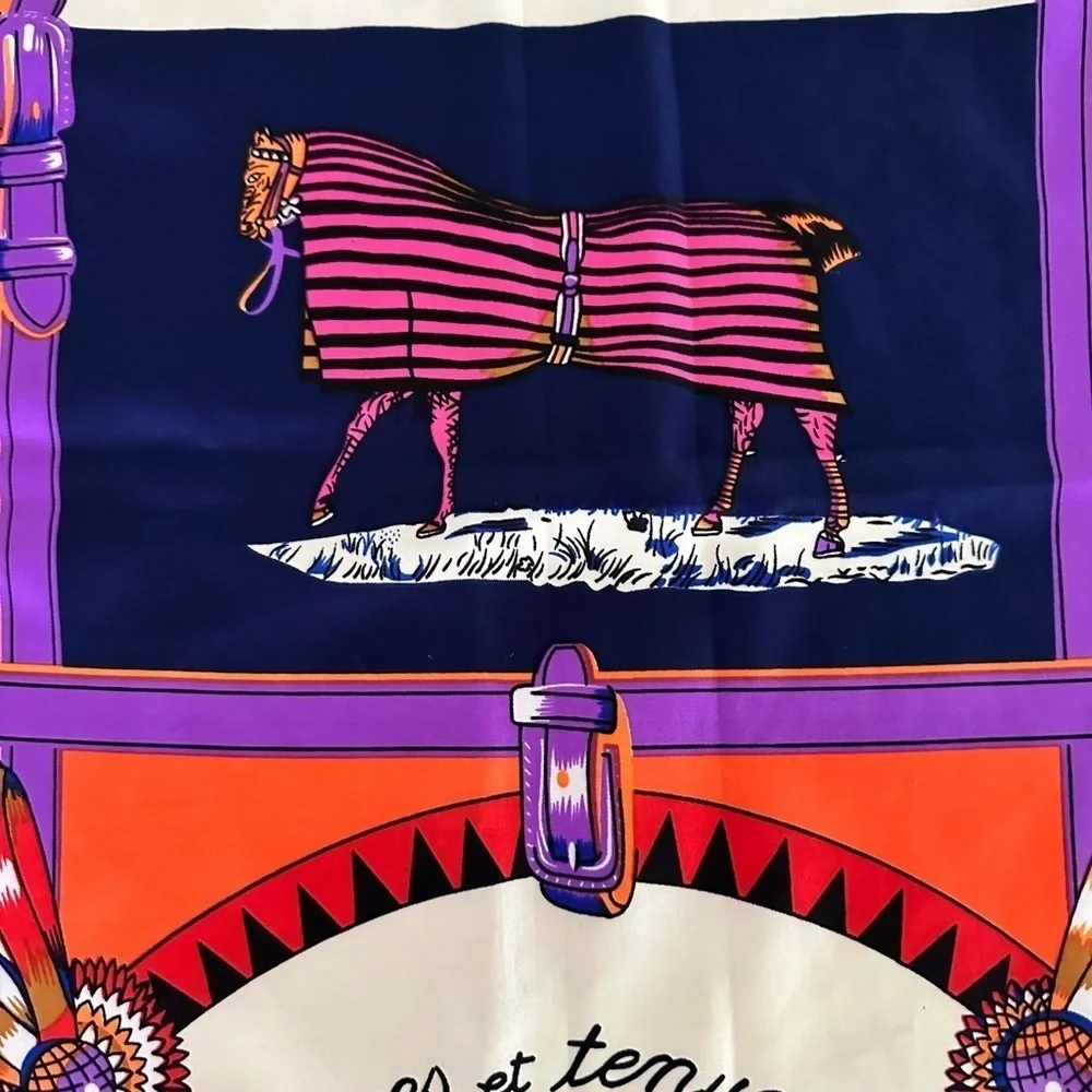 Equestrian 100% Silk Scarf  “Saratoga Rocks” 38”x 40” vibrant colors detailed‌‌